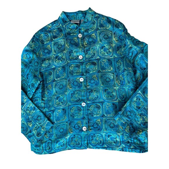 Chicos Turquoise & Gold Button-Up Silk Blend Jacket - Size 1 or U.S. 8 Asian Ins - Picture 1 of 7